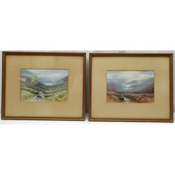 English School (19th/20th century): Sheep and Cattle on Heather Moorlands, pair gouaches unsigned 15cm x 22cm