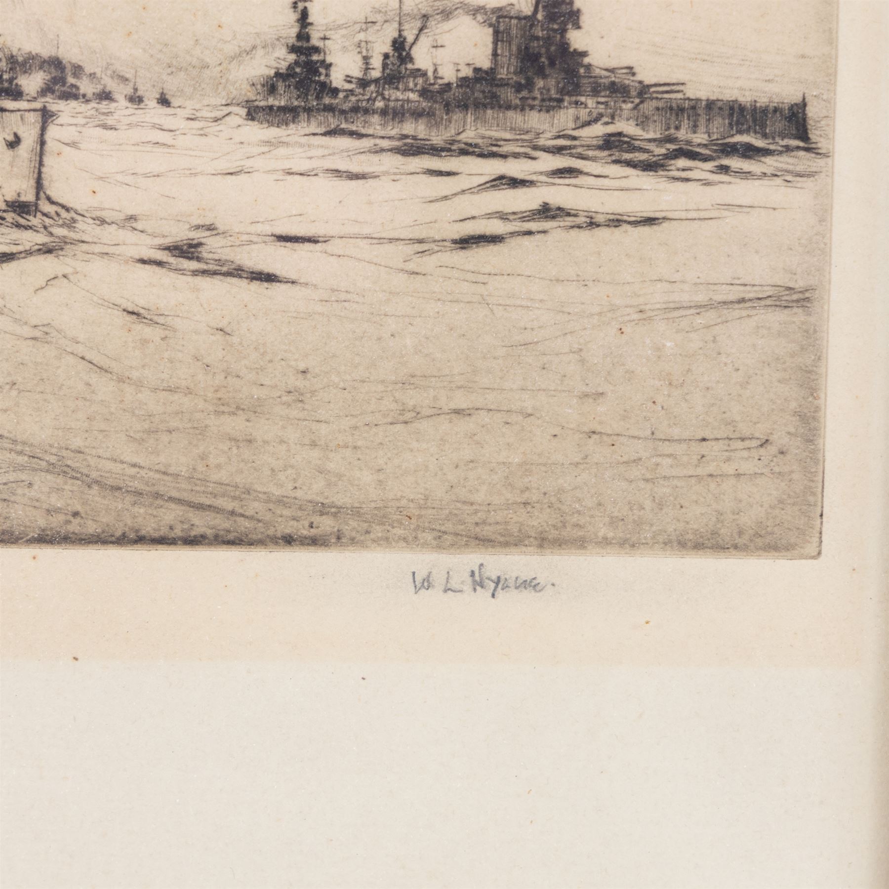Rowland Langmaid (British 1897-1956): Newlyn and St Michael's Mount, etching signed in pencil 16cm x 30cm; Frank Henry Mason (Staithes Group 1875-1965):  Surrender of the German Fleet, etching 17.5cm x 35cm (2)
Notes: Original signature removed and wrongly attributed.