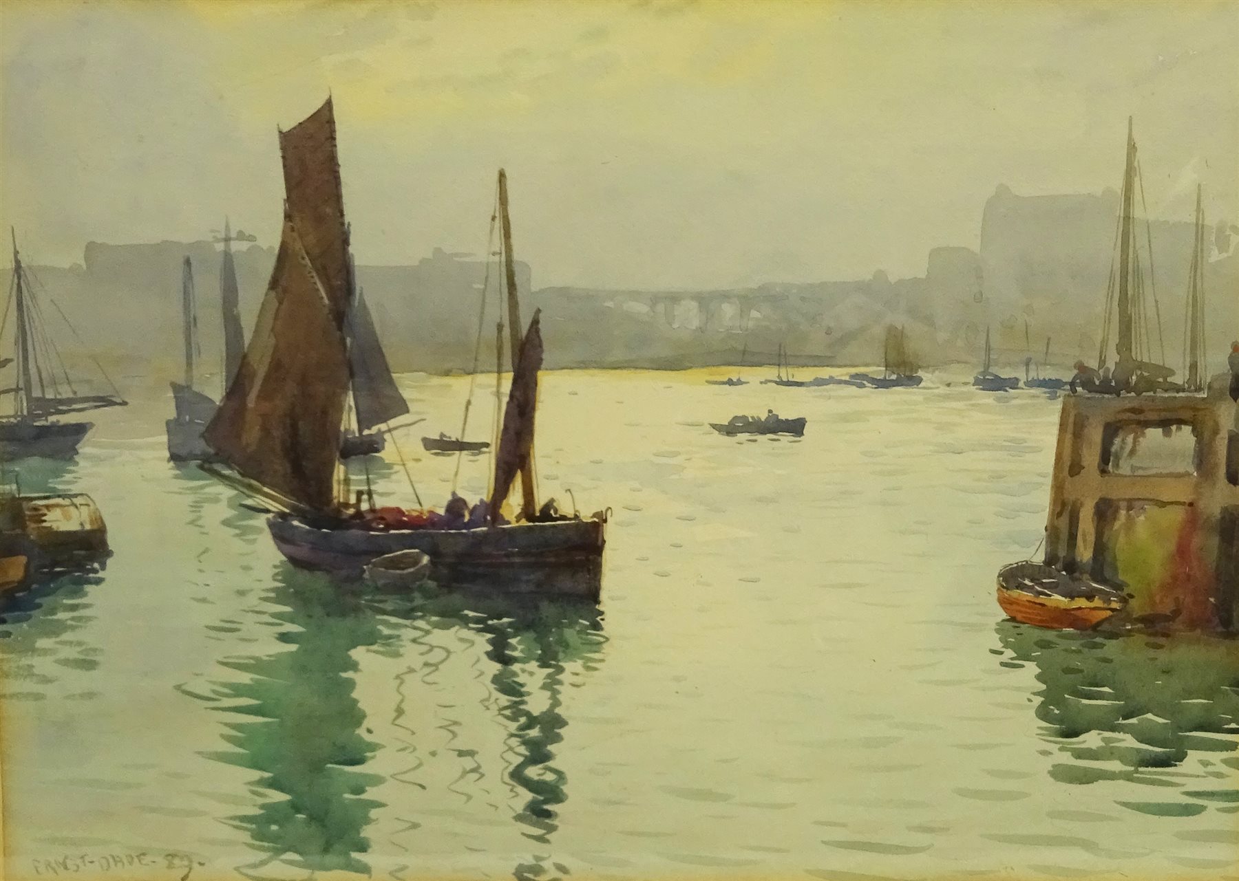 Ernest Dade (Staithes Group 1868-1934): Fishing Boats outside Scarborough Harbour, watercolour signed and dated '89, 23.5cm x 33cm 