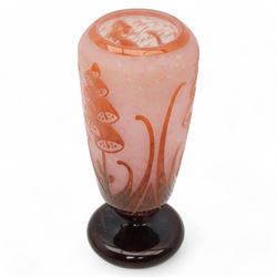 Le Verre Français, overlaid and etched cameo glass vase, circa 1920, internally mottled with pink and overlaid in amethyst with stylized floral decoration, the pedestal foot signed Le Verre Français, H26cm x D10.5cm 