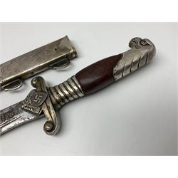 WW2 German RAD (Reichsarbeitdienst) Leader's hewer dagger,  the 25.5cm fullered steel blade engraved Arbeit Adelt (Work Enables) with Eickhorn squirrel maker's mark; scrolling cross-piece, mahogany grip and eagle pommel; in decorative plated scabbard L40cm overall.