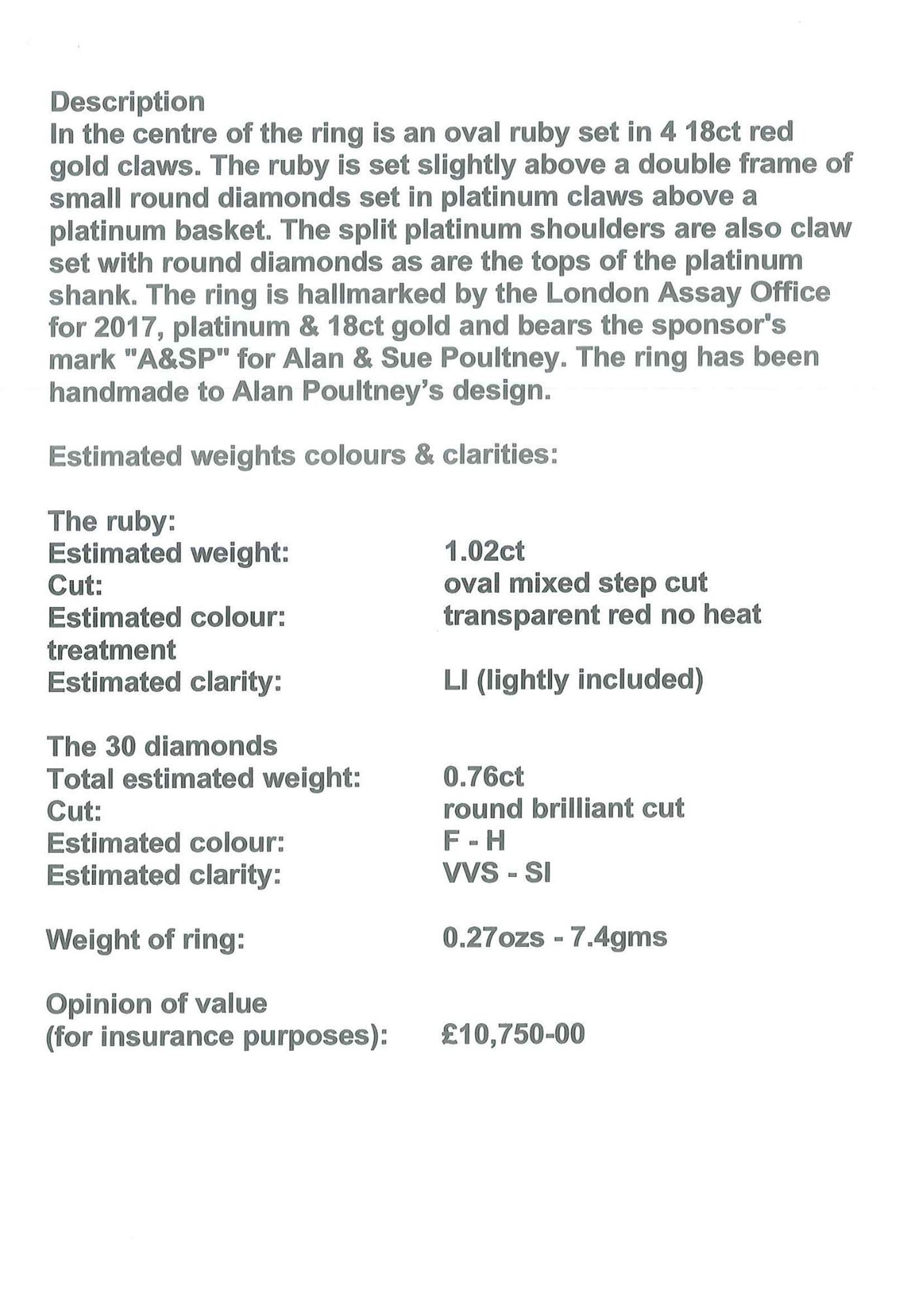 Platinum ruby diamond cluster ring, single oval cut ruby  in a four claw 18ct rose gold setting of approx 1.02 carat, surrounded by two rows of round brilliant cut diamonds and split diamond set shoulders, London 2017, total diamond weight approx 0.76 carat, with Alan Poultney Gems report