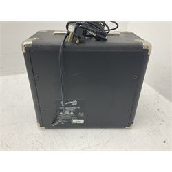 Fender style sunburst electric guitar with manuscript mark 'Zenta Stratocaster 1963' L97cm; in hard carrying case; another similar unmarked sunburst electric guitar; in gig bag; and Fender Frontman Amplifier, serial no.M473406 (3)