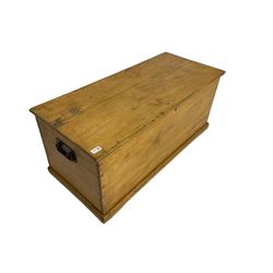 Victorian pine blanket box, hinged lid, fitted with metal carrying handle
