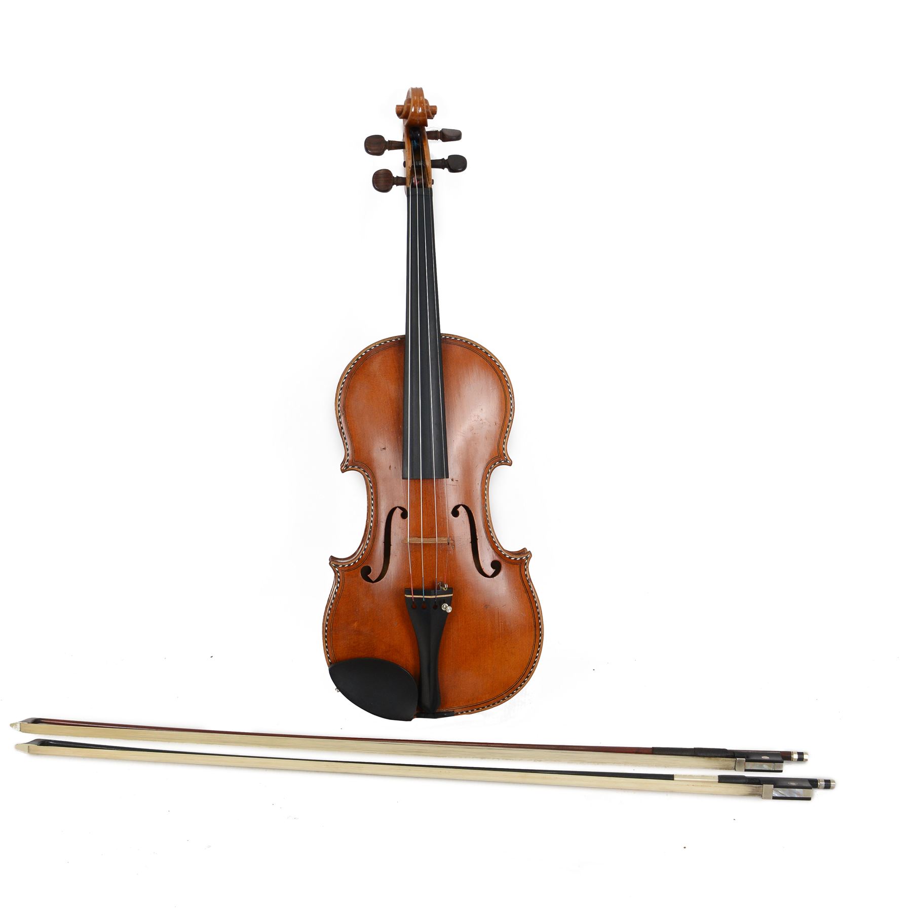 19th century full size European violin, spruce top, figured maple full back and sides, double purfling, in fitted case with two bows.