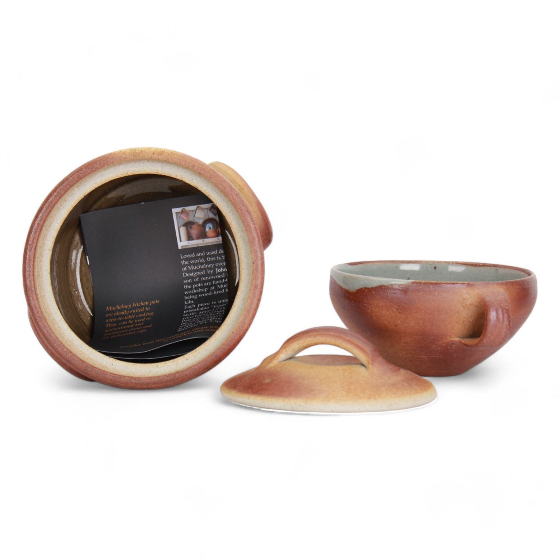 John Leach (1939-2021) for Muchelney Pottery twin handed casserole dish and cover, W20cm, together with a pair of Svend Bayer stoneware bowls, with loop handles and blue glazed interior (3)