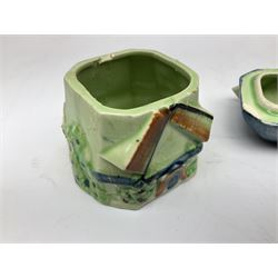 Collection of Japanese Maruhon ware novelty preserve pots, to include examples modelled as a windmill and cottages, together with other 1920s and 30s Art Deco style preserve pots, etc