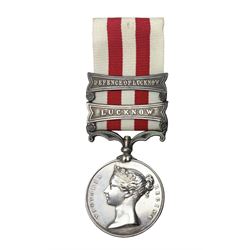 Victoria Indian Mutiny Medal with two clasps for Lucknow and Defence of Lucknow awarded to J. French 1st Batn. 5th Fusrs., with ribbon; some biographical details