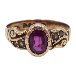  Edwardian 9ct gold amethyst and seed pearl ring Chester 1906  