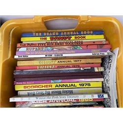 Children's annuals, books and booklets, including Scorcher Annual 1975, Valiant Annual 1977,  Beano Annual 2004, 2005 etc, The Big Enid Blyton Book, various Woman's Weekly magazines, Spot's Magical Christmas by Eric Hill and other similar hardback children's books etc, in four boxes 