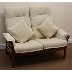  Ercol Saville two seat sofa in Golden Dawn elm finish, upholstered in a neutral fabric, W142cm  