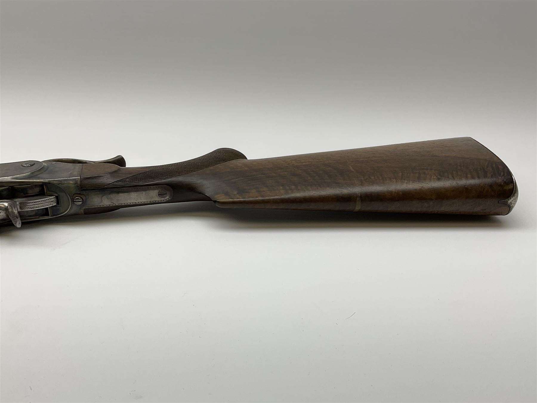 Rare Henry Pieper Liege seven-chambered solid barrel 297/30 calibre rim-fire volley gun with six barrels around a central seventh barrel drilled for simultaneous fire, built on a Remington type rolling block action, blued 62cm barrel with raised rib and twin rear leaf sights, case hardened action complete with loading plate for seven cartridges, walnut stock with chequered pistol grip and fore-end and inset 'silver' cartouche with two Chinese type characters, no.256PLN, L109cm overall