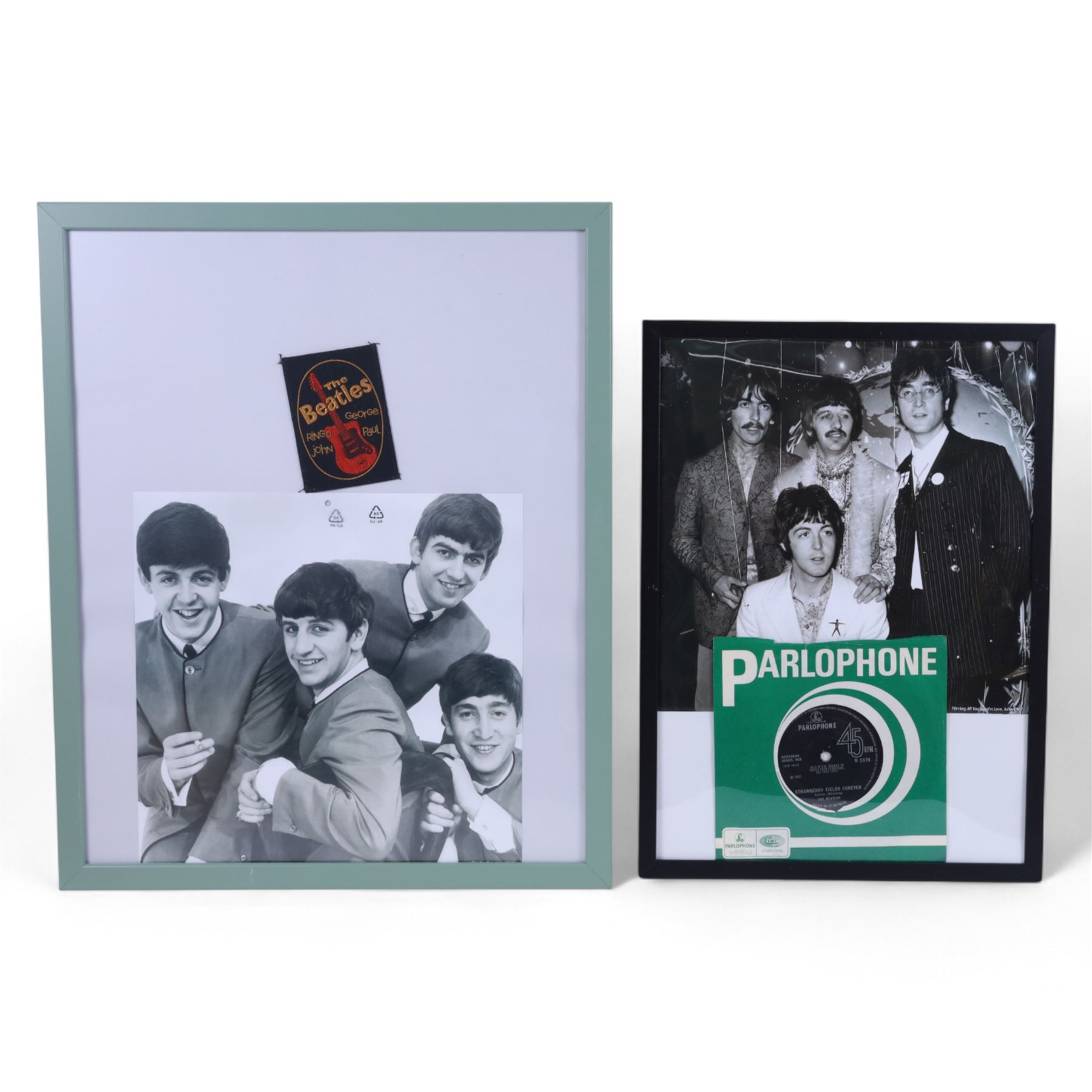 The Beatles memorabilia, including 1964 Fan Club patch, framed with a black and white picture of the band, a further framed black and white picture displayed with Strawberry Fields Forever single, The Beatles Anthology, biographies and other books, two CDs, mug, etc