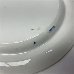 Five 19th century Spode blue and white dinner plates, and a dish, each decorated in the Tiber pattern, circa 1825, each with printed marks beneath, plates D25cm, dish D24cm