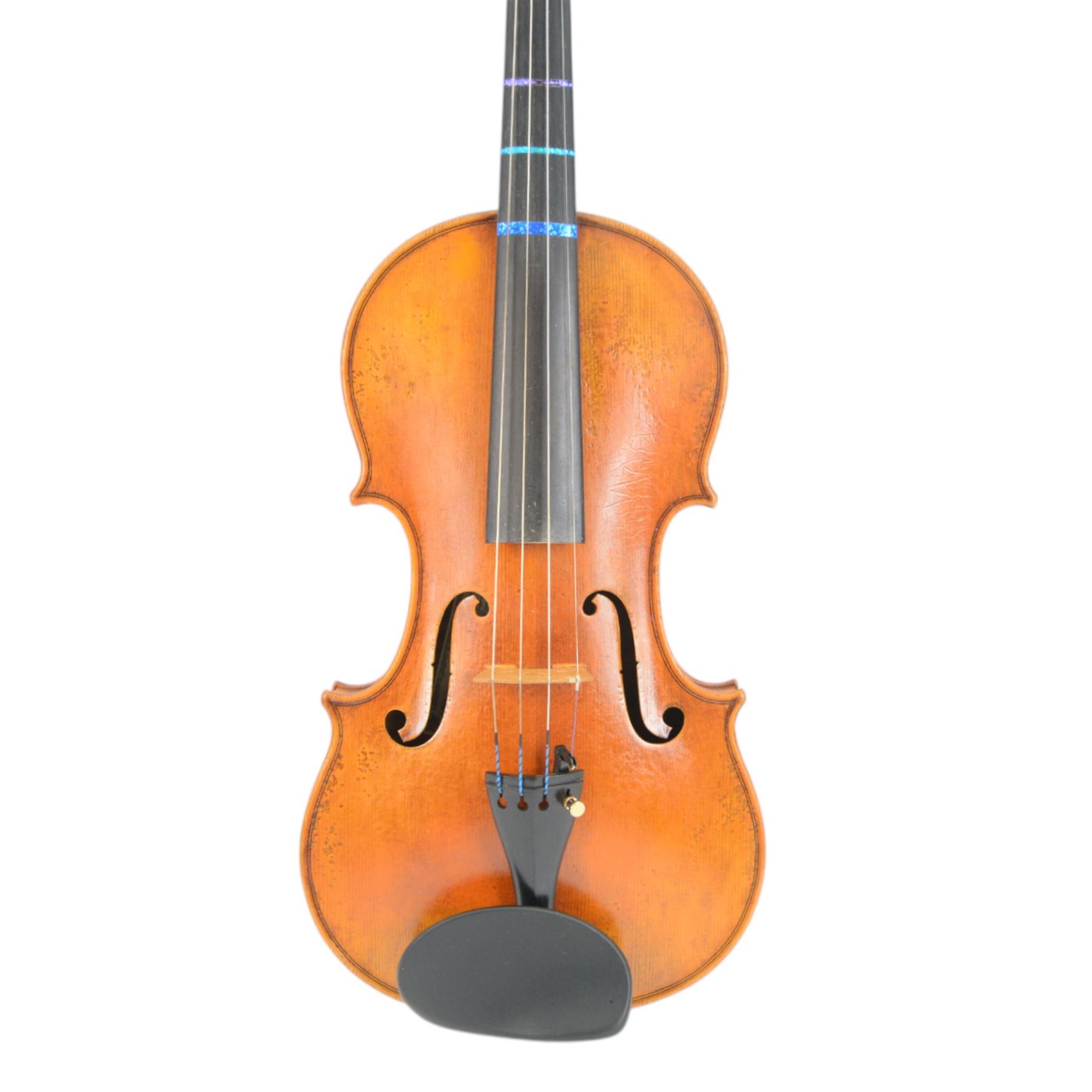 Full size-French 20th century violin, light maple case with chin rest and ebonised tuning pegs and fittings, baize lined hard case, no bow.