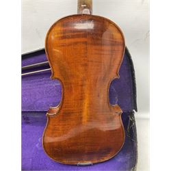 German trade violin c1900 the 36cm two-piece maple back impressed 'Stainer', maple ribs and spruce top, bears label 'Jacobis Stainer in Absam prope Oenipontum 17**' L59cm; in carrying case marked 'The Improved Dome' with bow