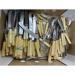 A silver plated part fluted meat dome with beaded rim, and unassociated Mappin & Webb base, together with two silver plated serving dishes and covers, one with oblique gadrooned detail, plus a quantity of mostly silver plated and ivory handled flatware. 