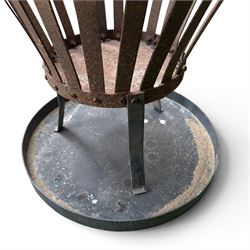 Wrought metal garden burner, circular tapering form, with circular lid converting to ash pan