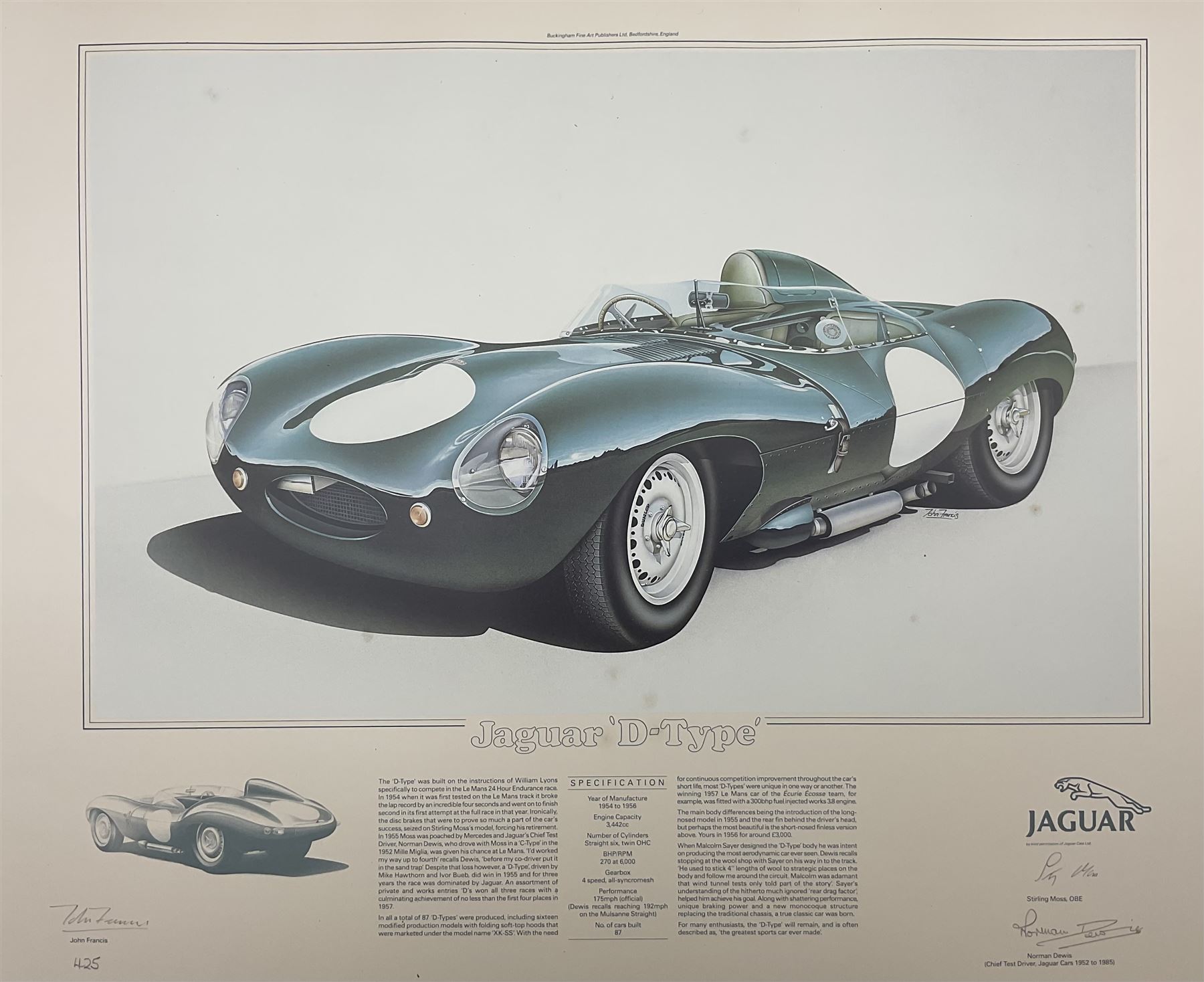 Three limited edition Jaguar prints with certificates, 'Jaguar E-Type' numbered 037, 'Jaguar D-Type' numbered 425, and 'Jaguar XJ13' numbered 425, signed Stirling Moss, Norman Dewis and John Francis and numbered in pencil unframed 47cm x 61cm

