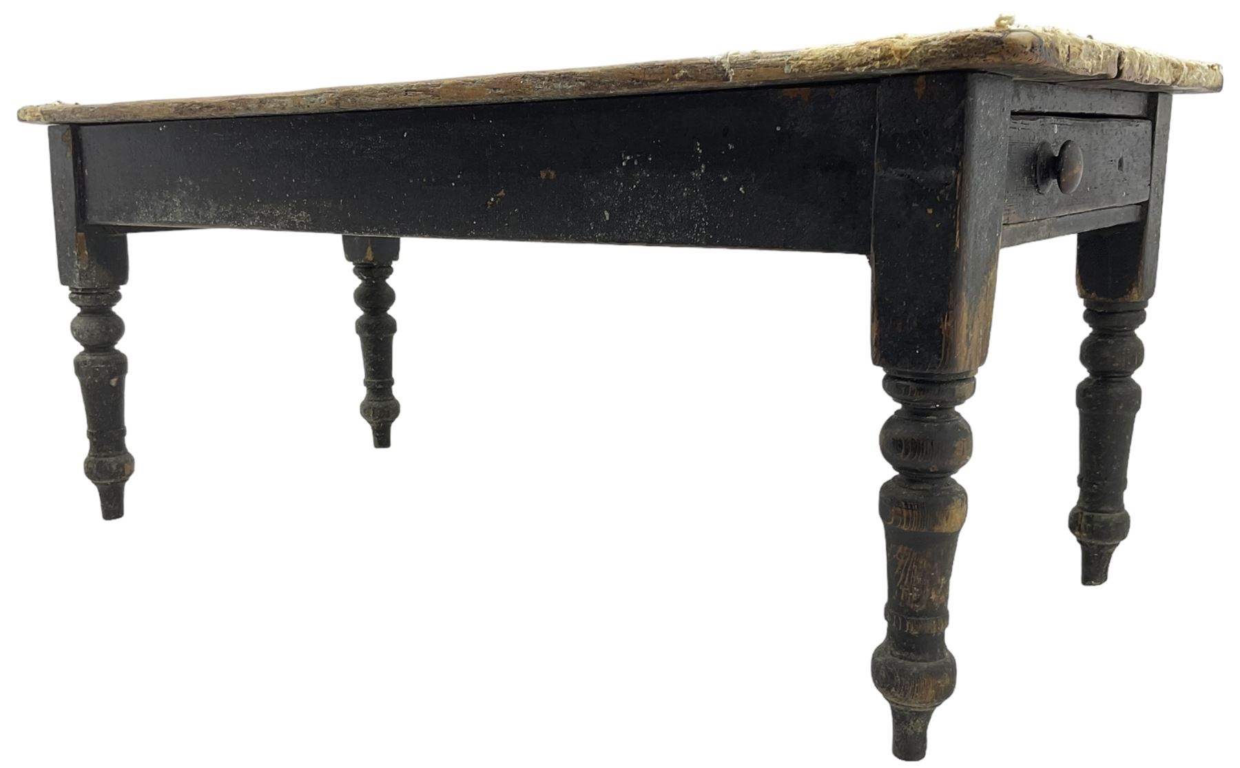 Victorian pine farmhouse dining table, rectangular plank top on painted base, fitted with two end drawers, on turned supports 
