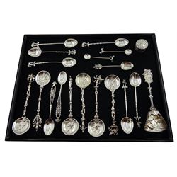 Six continental silver spoons, with cherub bowls, stamped 800, silver caddy spoon and a collection of other silver continental spoons, all stamped or tested, approx 7.5oz