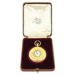 Edwardian 18ct gold half hunter keyless lever presentation pocket watch by Manoah Rhodes & Sons, Bradford, No. 16317, white enamel dial with Arabic hour markers and subsidiary seconds dial, back case monogrammed with initials, markers mark JG, London 1907, in original silk and velvet lined case