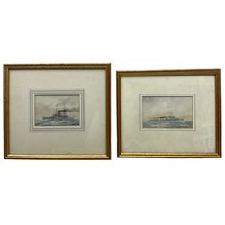 W J Sutton (British 19th/20th Century): 'HMS - Ocean, Colossus, Barfleur, Rosalind, Bulwark', set of five watercolours signed, two titled on mount the others inscribed verso 8cm x 12cm (5)