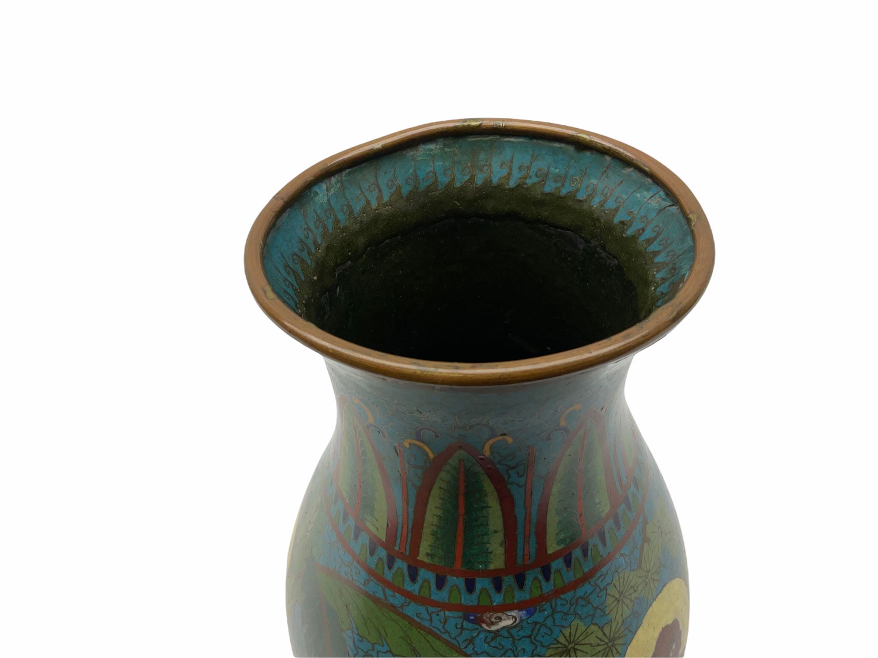 Japanese Cloisonne vase, Meiji/Taisho period, decorated with five haloed figures, possibly the Lucky Gods or Monks, in a landscape detailed with pine trees, lotus flowers and auspicious clouds, beneath a neck with band of fronds, with apocryphal Ming mark beneath, H31cm