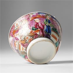 Two pairs of 18th/19th century Chinese export tea bowls and saucers, the first decorated in the 'Mandarin Palette' in typical colourways, the other famille rose examples painted with figures near a window, all unmarked (4)