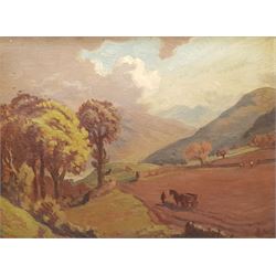 Alex Walker (Scottish School): Lake District Agricultural scene, oil on board signed with initials, inscribed with artist's address verso 28cm x 38cm