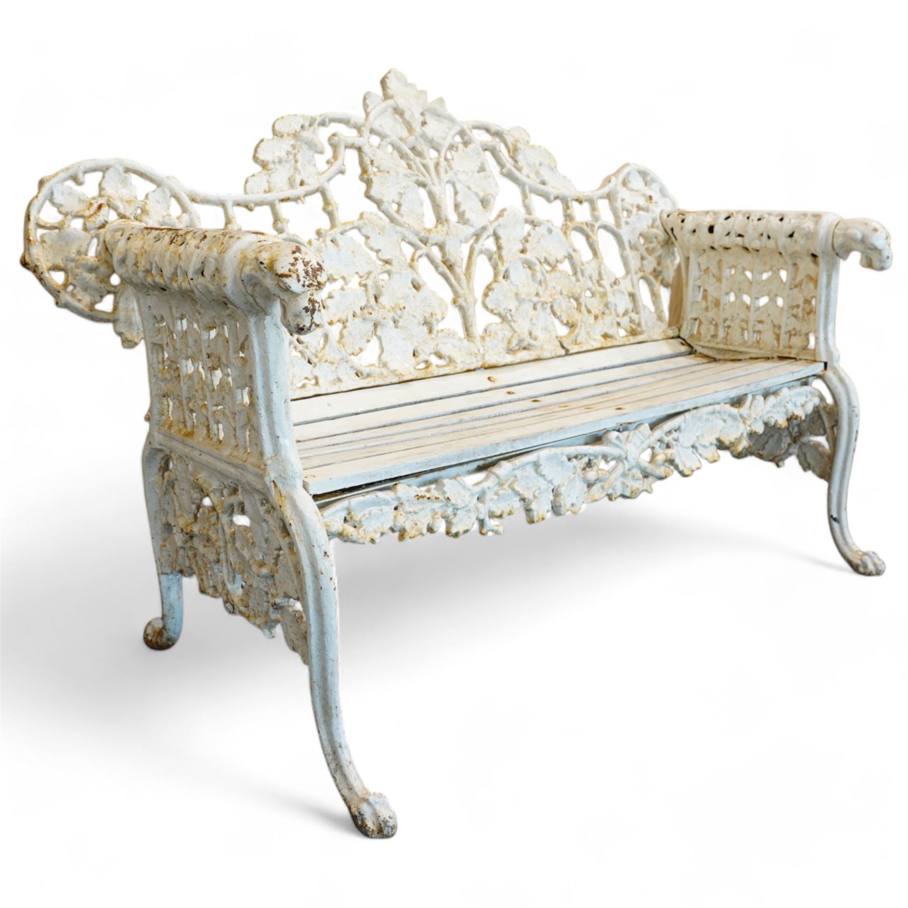 Coalbrookdale design - early 20th century cast iron oak leaf and acorn bench, white painted cast iron frame with slatted wooden seat, the pierced and shaped back decorated with scrolling oak branches and leafage, flanked by dog mask arm terminals over cabriole supports with paw feet 