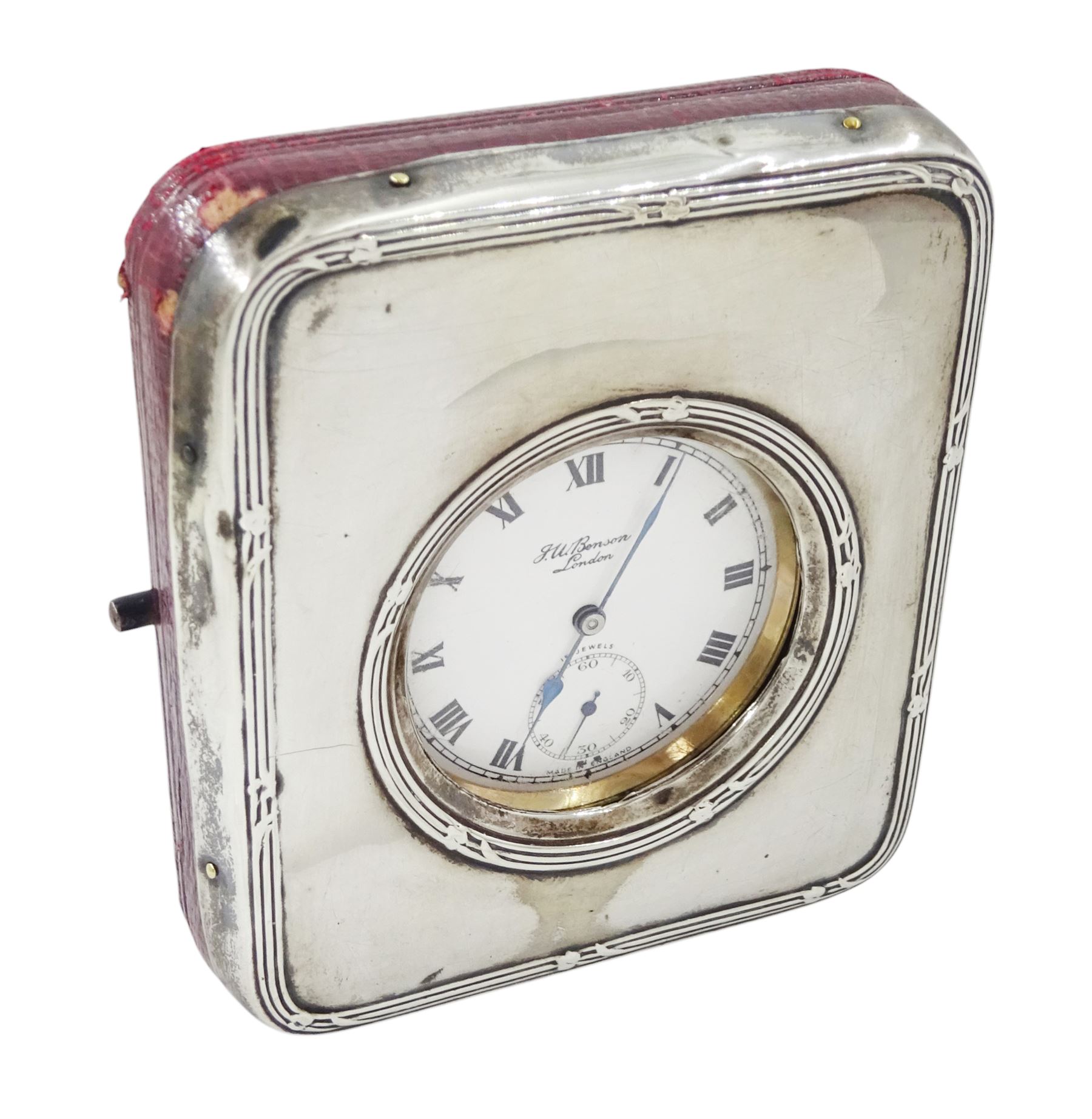 9ct gold open face keyless lever presentation pocket watch by J W Benson, London, white enamel dial with Roman numeral hour markers and subsidiary seconds dial, case by Dennison, Birmingham 1956, in early 20th century silver mounted tooled leather case by S Blanckensee & Son Ltd, Birmingham 1907