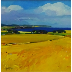 Lin Pattullo (Scottish 1949-): 'Cornfields at Angus', oil on canvas signed, titled verso 29cm x 29cm
Provenance: purchased by the vendor from the Richard Hagen Gallery Broadway, label verso

