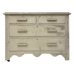 20th century painted pine chest of drawers, rectangular top over two short and two long drawers, scalloped apron, on castors