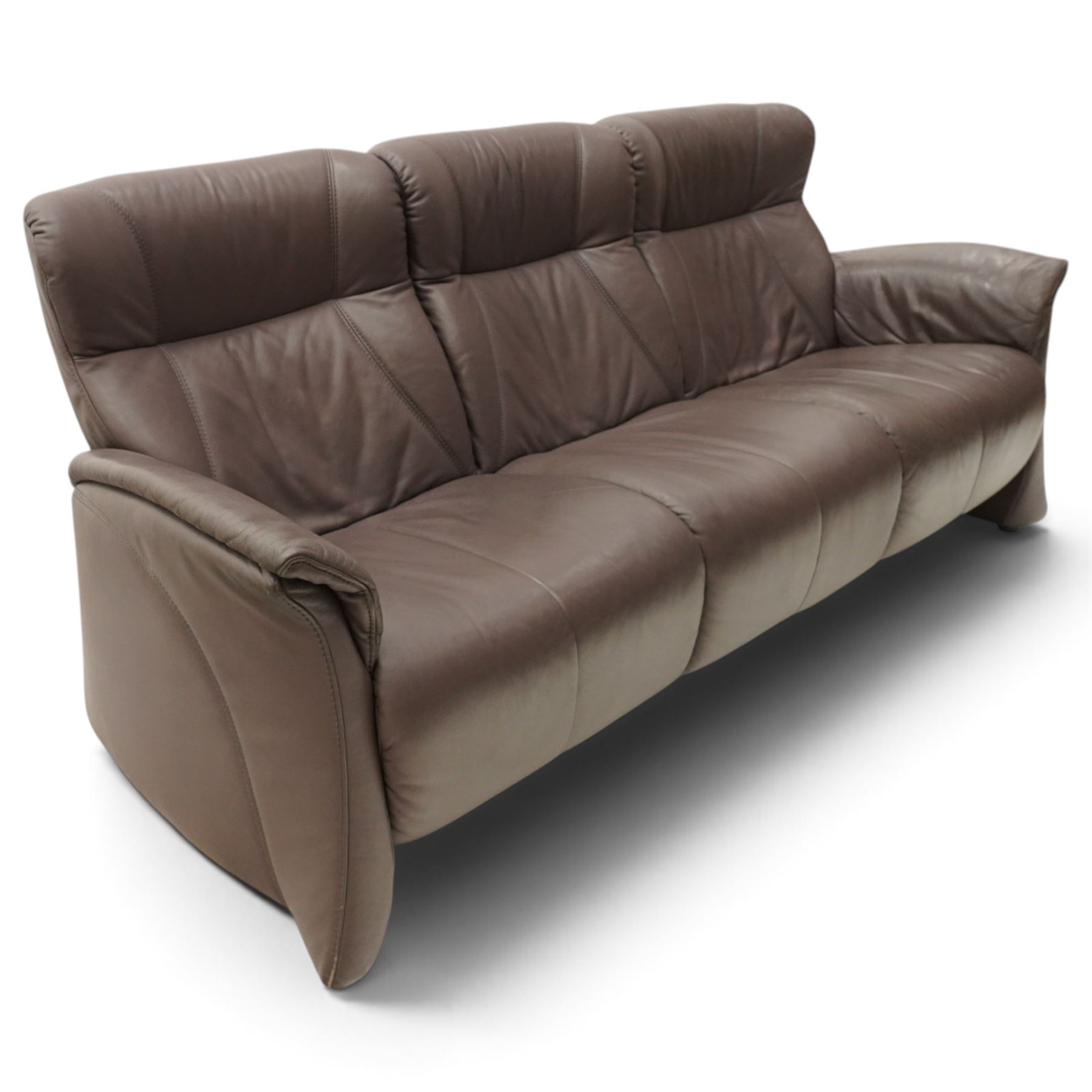 Himolla - ‘Cumuly’ lounge suite upholstered in deep aubergine leather, comprising two-seat sofa with high padded back, shaped arms and panelled upholstery (W 161cm, D 82cm, H 93cm), and three-seat sofa conforming (W 200cm, D 82cm, H 93cm)