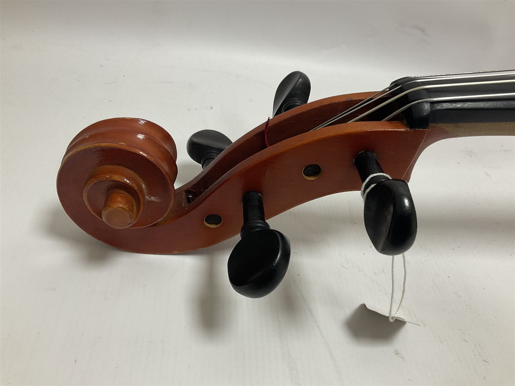 3/4 size cello with soft case, 69cm back length, 114cm full length, with bridge, ebonised tail piece and fingerboard.