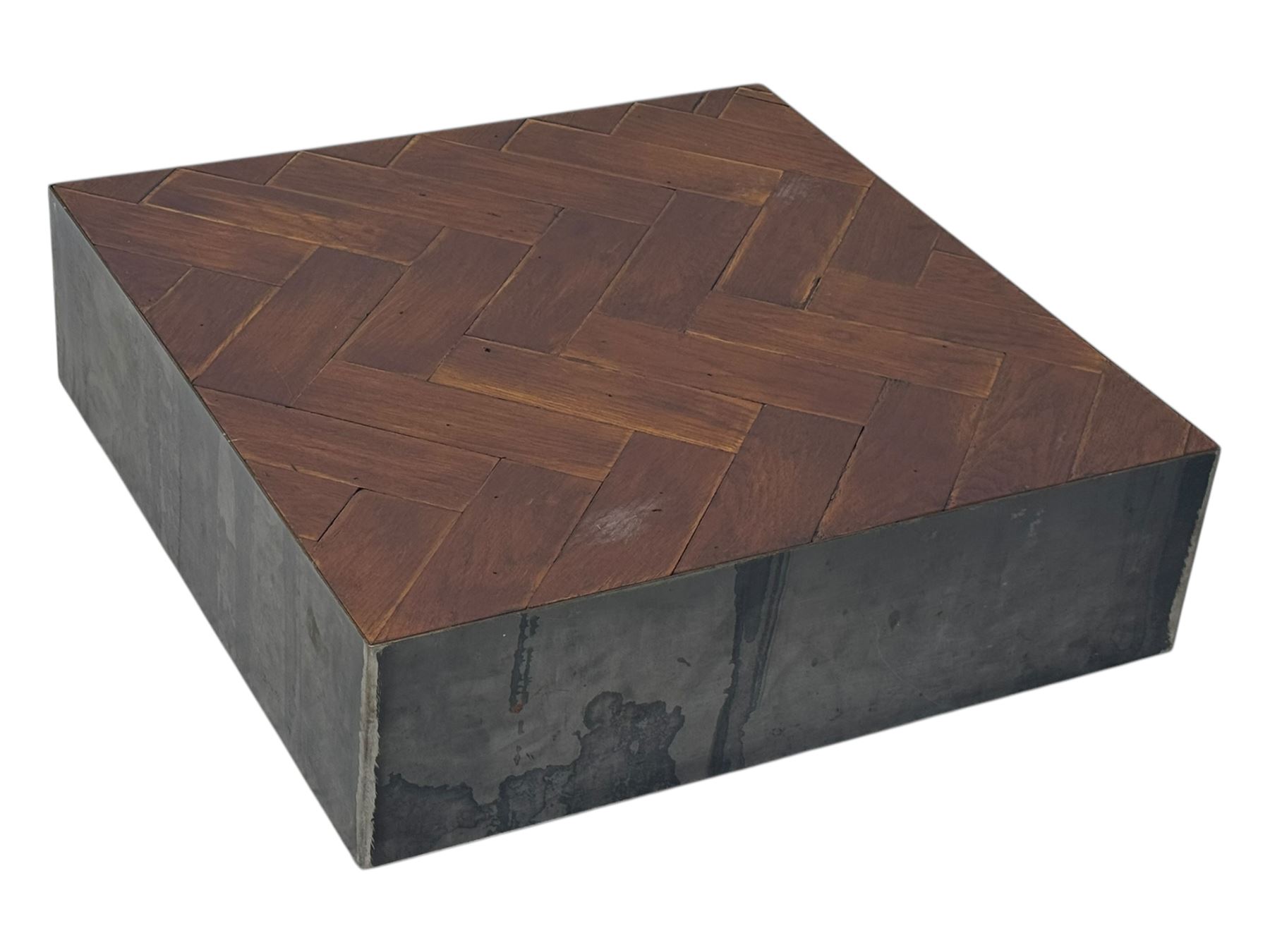 House of Fraser - contemporary parquet display stand, square herringbone-patterned wooden top over a patinated metal base