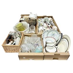 Quantity of ceramics and glassware to include art glass vase, Royal Grafton, Royal Doulton and Colclough dinner wares, Poole, copper lustre, vases etc in five boxes