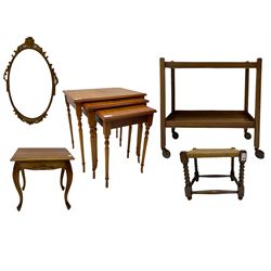 Barley twist stool, lamp table, wall mirror, tea trolley and a nest of three tables