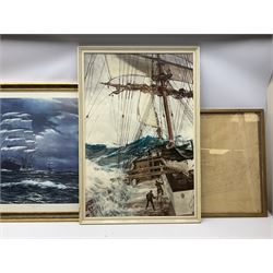 After Henry Scott: 'The Great Race from China to London' colour print together with large print diagram of a trawler, two other marine prints and a print of a WWII Halifax unit max 68cm x 108cm (5)