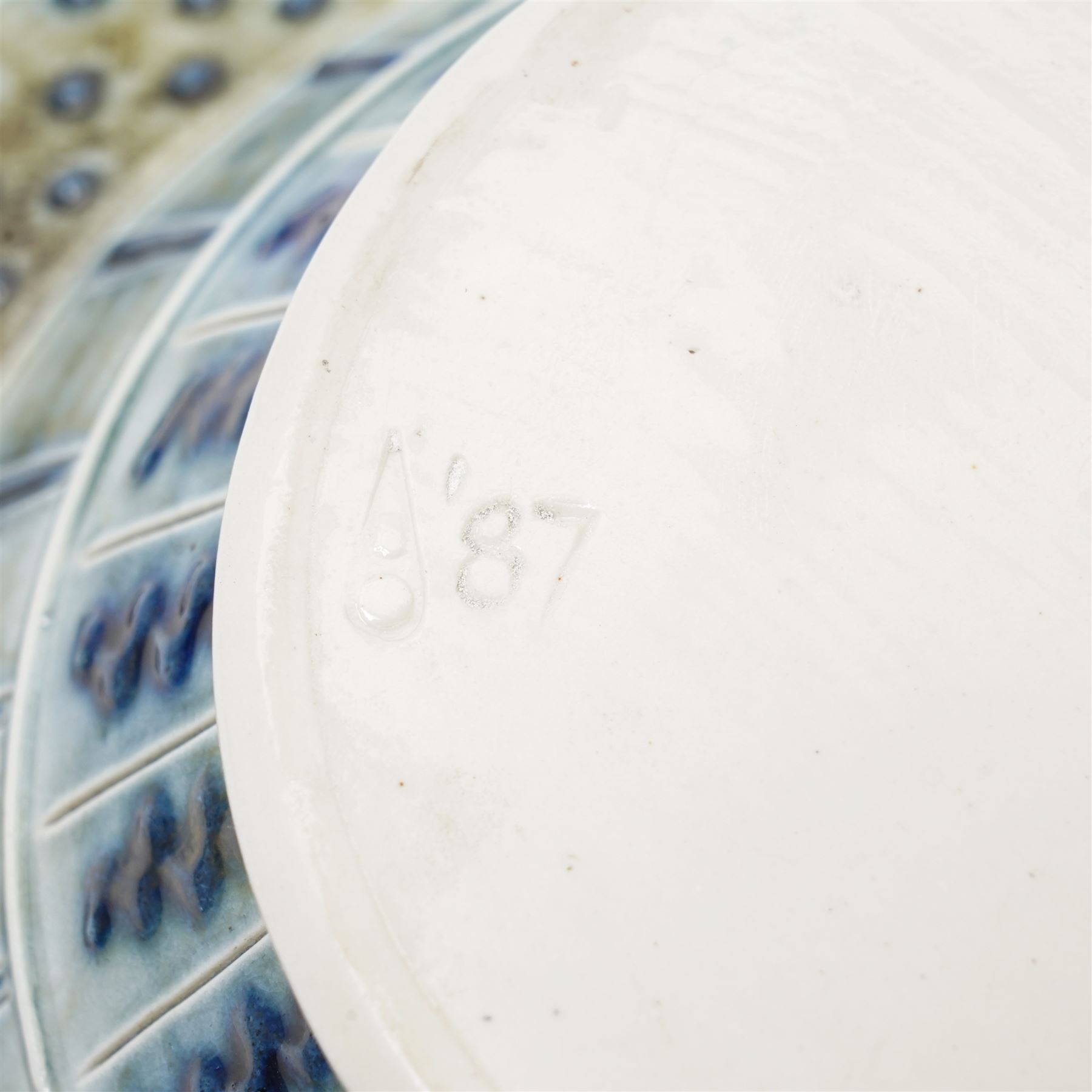Andrew Osborne (1956 -): Geometric Jar and Bowl, with abstract design in typical blue and green glazes, incised marks to bases, jar H34cm