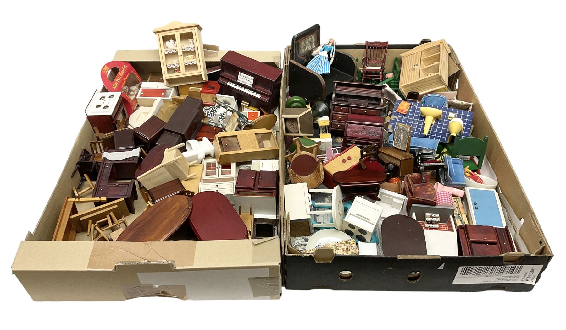 Large quantity of 1970s doll's house furniture, predominantly stained or painted wooden, including lounge, dining room, kitchen and bedroom pieces, bathroom fittings, bureaux and desks, piano, lamps, fire-surrounds etc; various scales