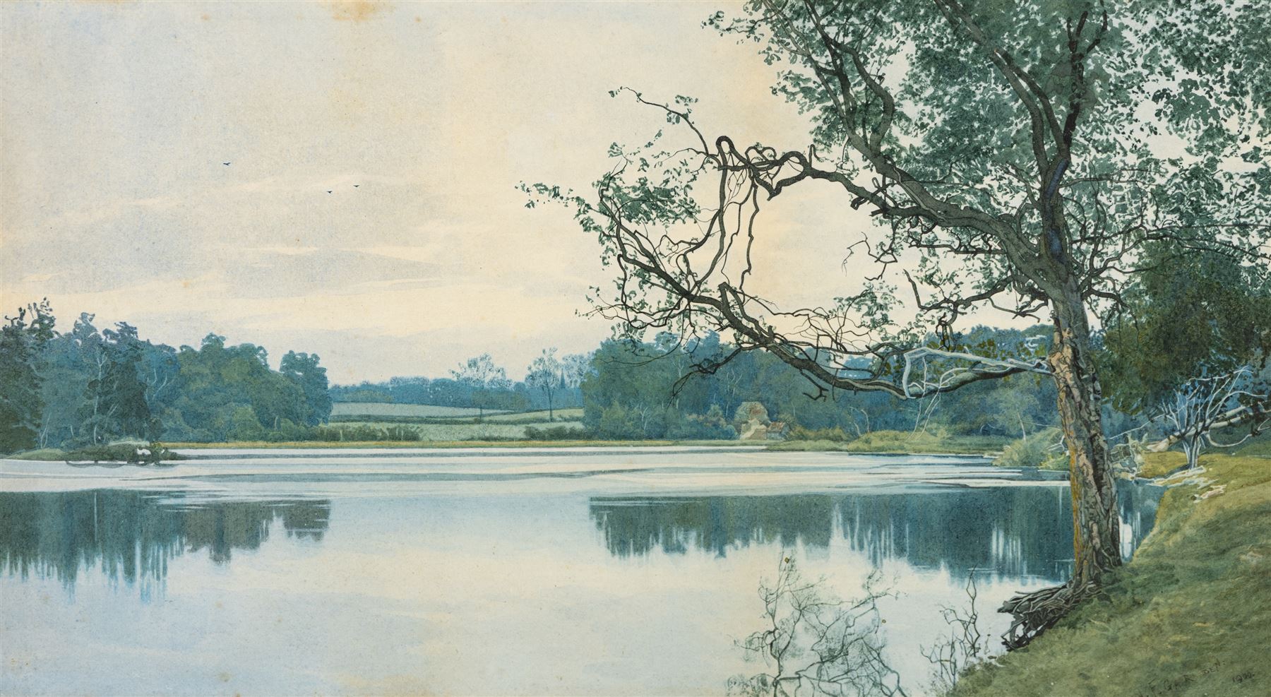 William Fraser Garden (British 1856-1921): Evening Light on the Lake, watercolour signed and dated 1900, 20.5cm x 37.5cm 