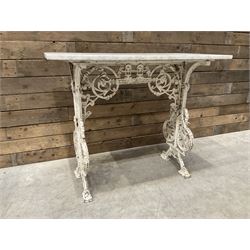 19th century Coalbrookdale design cast iron garden table, with rectangular marble top