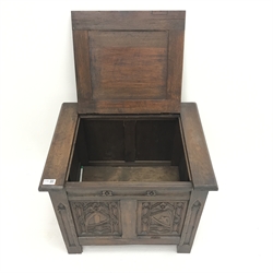  Small oak Gothic style carved box with hinged top, linenfold carved panelled sides, W58cm, H50cm, D45cm  