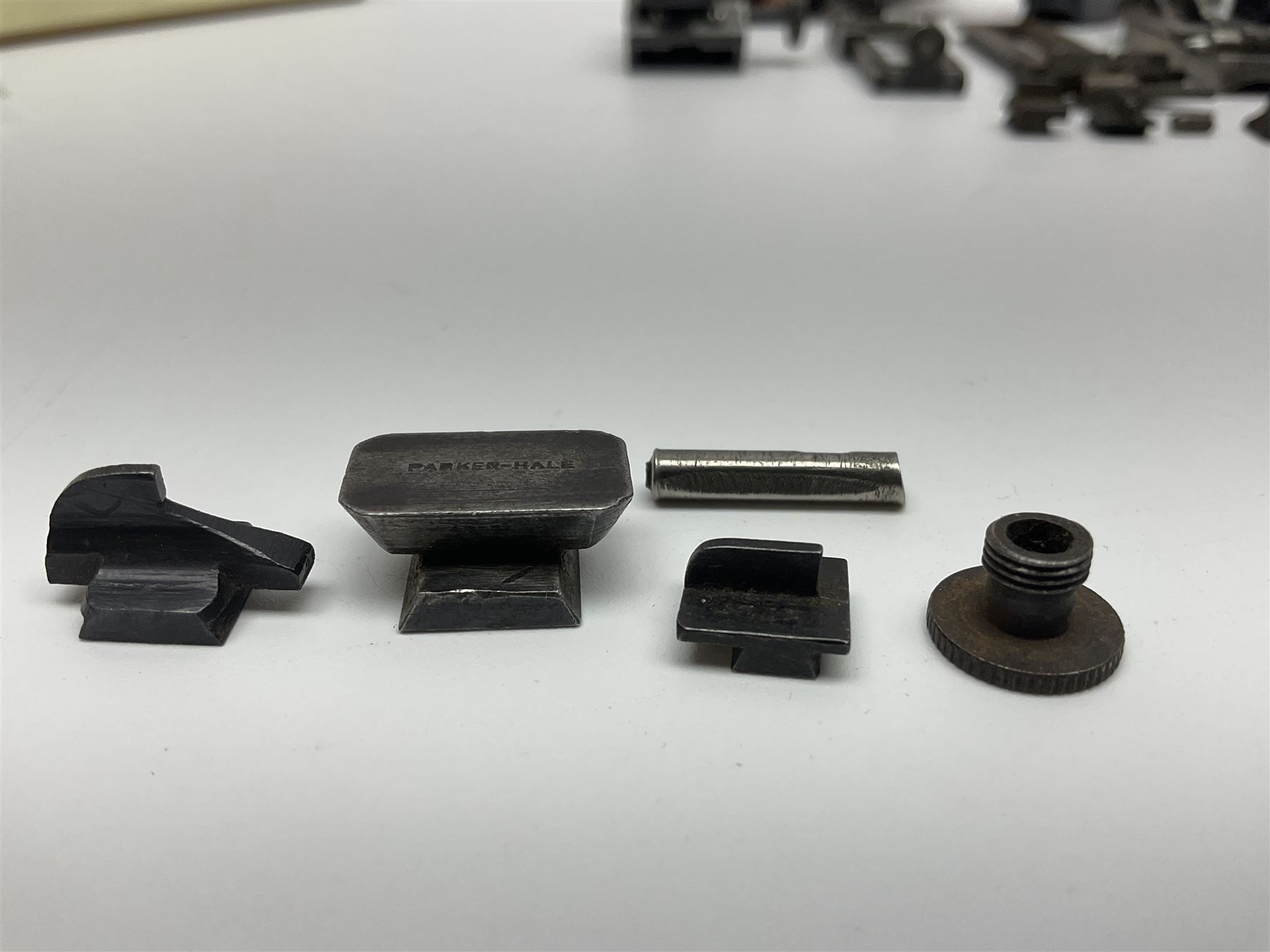 Collection of rear sights and mounts etc including Fraser Edinburgh patent pending no.28330, Martini Henry, part Mauser, .303 No.4 etc