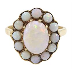 9ct gold oval and round opal cluster ring, hallmarked, central opal approx 1.00 carat