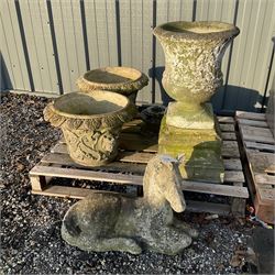 Cast stone animal with two garden urns decorated in grapes and faces with garden urn on plinth  - THIS LOT IS TO BE COLLECTED BY APPOINTMENT FROM DUGGLEBY STORAGE, GREAT HILL, EASTFIELD, SCARBOROUGH, YO11 3TX