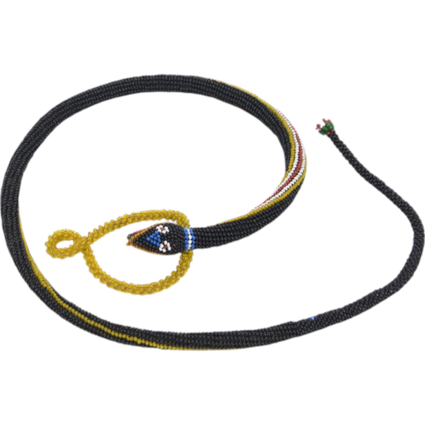 Turkish prisoner of war beadwork snake, worked with black, yellow, white and red glass beads L68cm