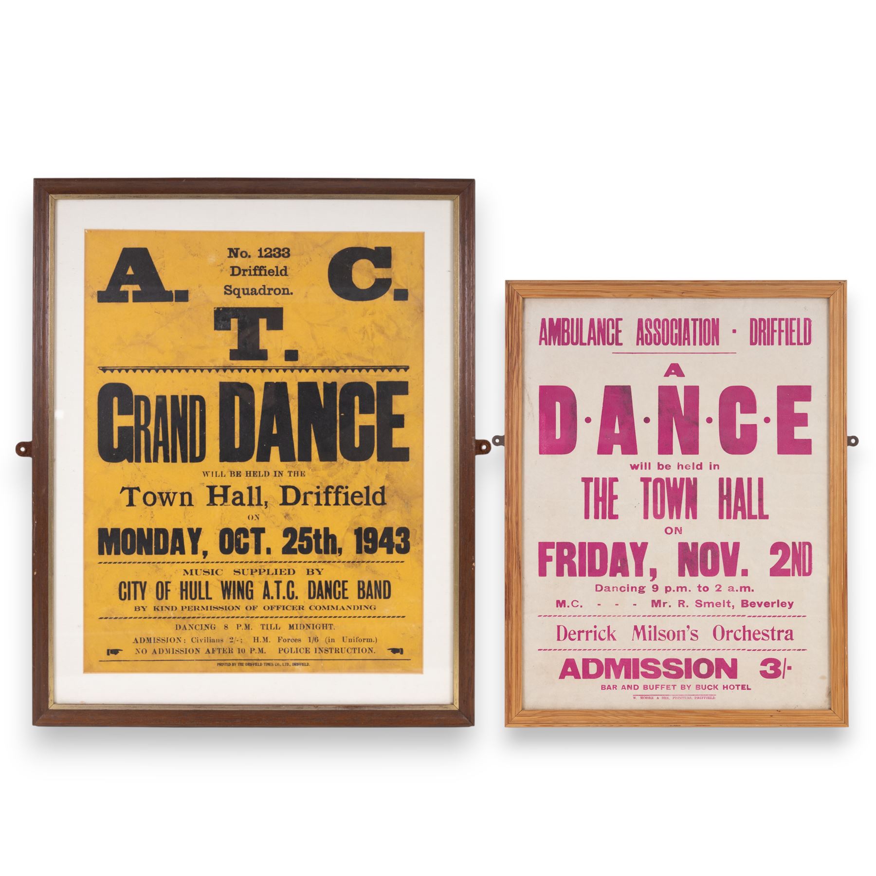 Two mid century dance posters for Driffield Town Hall, the first with black lettering on an ochre ground reading 'No.1233 Driffield Squadron' dated October 1943, the second with pink lettering on an ivory ground for the Ambulance Association, both in wooden frames, tallest H67.5cm